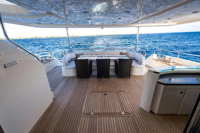Slide: The Image of Luxurious 2010 Princess 95 Motor Yacht deck with ocean view and elegant seating area. - 95