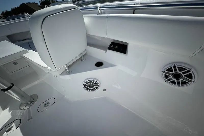 Slide: The Image of 2025 Sportsman Open 352 Center Console interior with speakers and seating. - 17