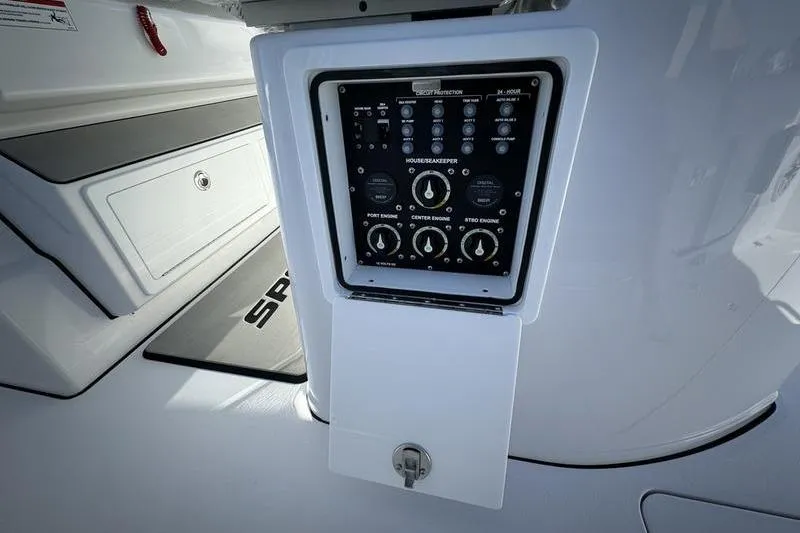 Slide: The Image of Control panel on 2025 Sportsman Open 352 Center Console boat, featuring engine and system controls. - 50