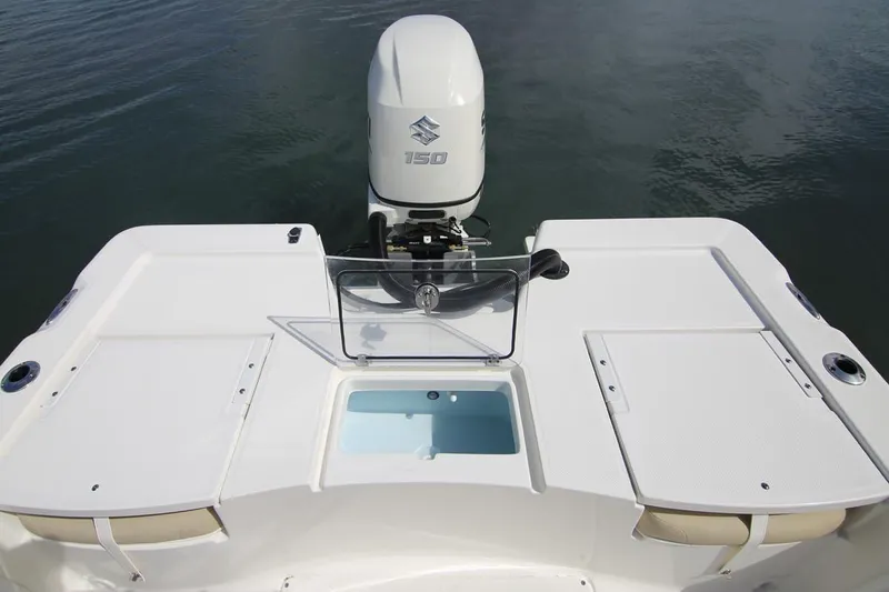 Slide: The Image of Manufacturer Provided Image: 2025 Sea Born FX21 Bay boat with Suzuki 150 engine on calm water. - 12