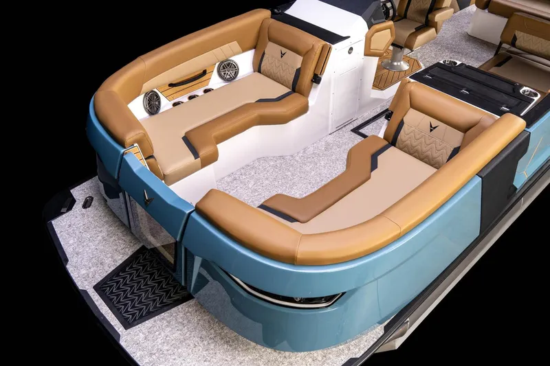 Slide: The Image of Manufacturer Provided Image: Luxurious 2026 Revel RS25 boat interior with tan leather seating and modern design. - 19