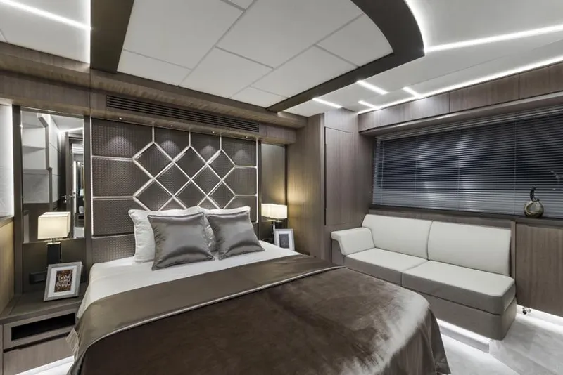 Slide: The Image of Manufacturer Provided Image: Luxurious bedroom interior of 2025 Galeon 640 Fly yacht with modern design. - 22