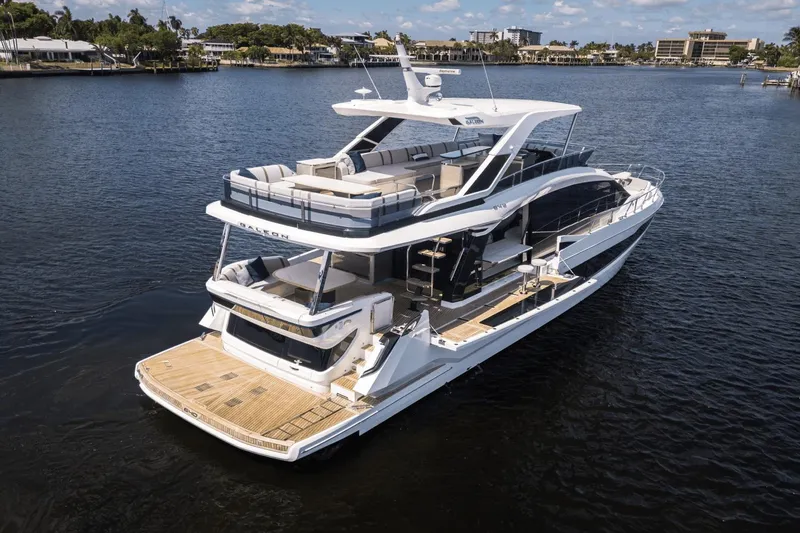Slide: The Image of 2026 Galeon 640 Fly yacht on calm water, showcasing luxury design and spacious decks. - 3