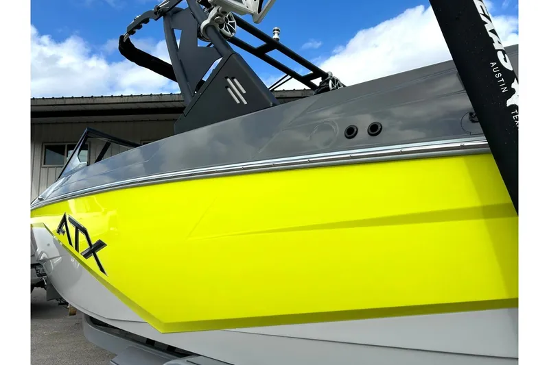 Slide: The Image of 2021 ATX 22 Type-S boat with vibrant yellow and gray exterior, docked under blue sky. - 13