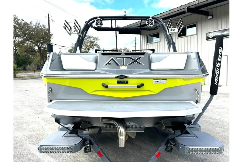 Slide: The Image of 2021 ATX 22 Type-S boat rear view with vibrant yellow accents. - 16