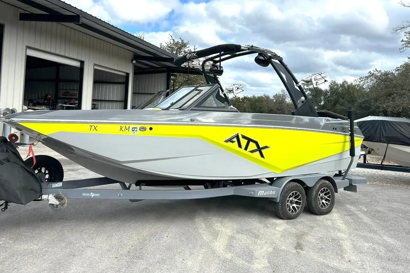 Slide: The Image of 2021 ATX 22 Type-S boat with vibrant yellow accents on a trailer. - 8