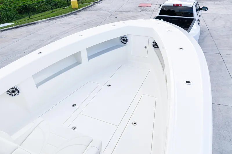 Slide: The Image of 2021 SeaVee 322Z boat interior with spacious deck and modern design. - 13