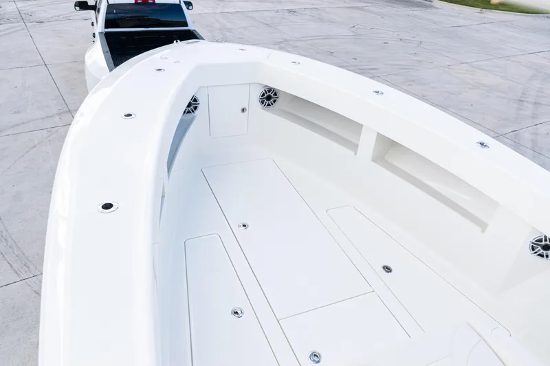Slide: The Image of 2021 SeaVee 322Z boat deck with sleek design and spacious layout. - 16