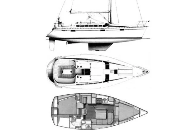 Slide: The Image of Blueprint of 1991 Beneteau Oceanis 370 sailboat, showing side, top, and interior views. - 55