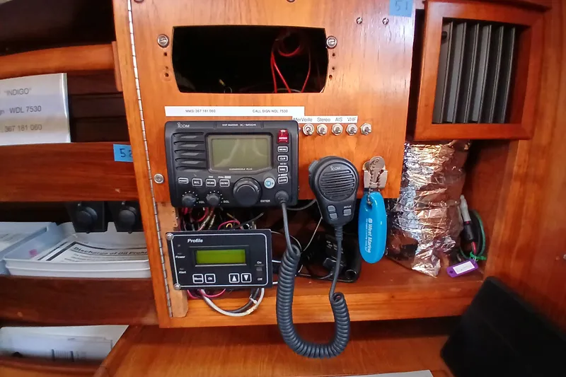 Slide: The Image of Control panel of 1983 Wauquiez Hood sailboat with radio and navigation equipment. - 23