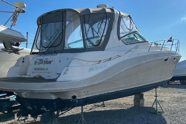 Slide: The Image of 2007 Four Winns 358 Vista boat on stands, Massapequa, NY, with protective canopy. - 2