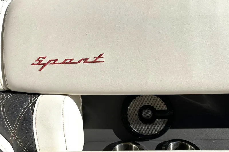 Slide: The Image of Bennington 25 RXSBA 2021 boat interior with "Sport" embroidery and speaker detail. - 60
