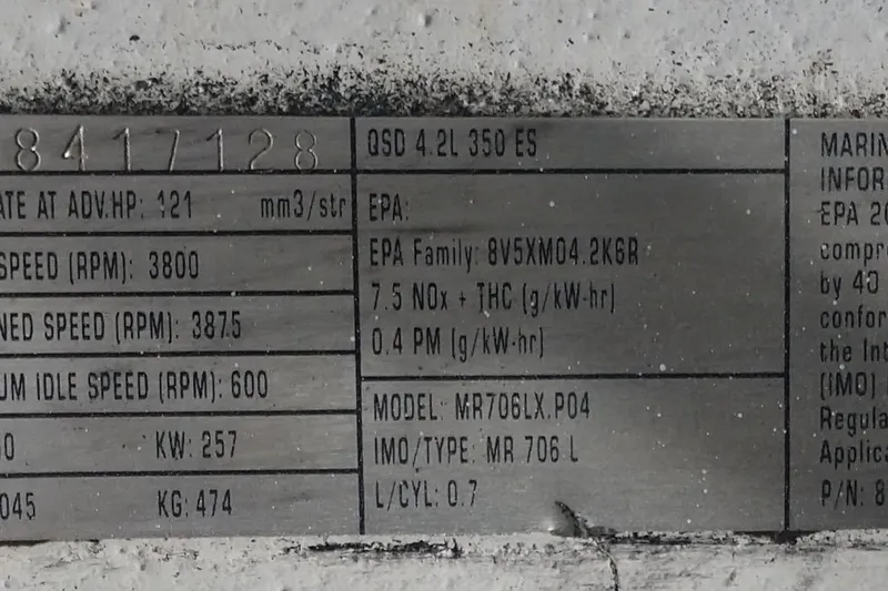 Slide: The Image of Metallic engine specification plate for 2009 Fountain 38 Express Cruiser, detailing performance metrics. - 17