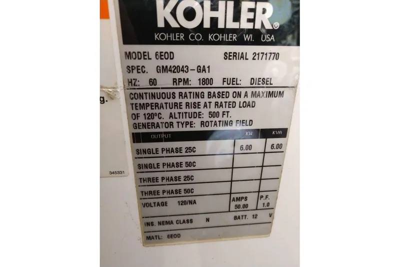 Slide: The Image of Kohler generator label on 2009 Fountain 38 Express Cruiser, model 6EOD, diesel, 60 Hz, 1800 RPM. - 18