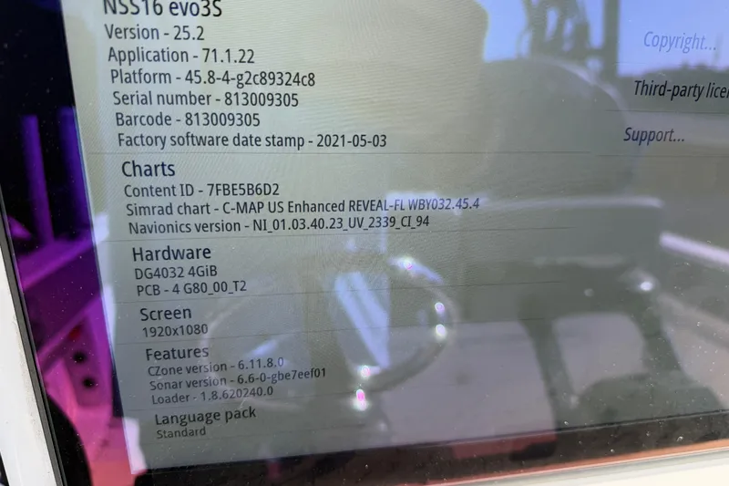 Slide: The Image of Display screen showing software and hardware details of a Clearwater 2800, 2024 model. - 65