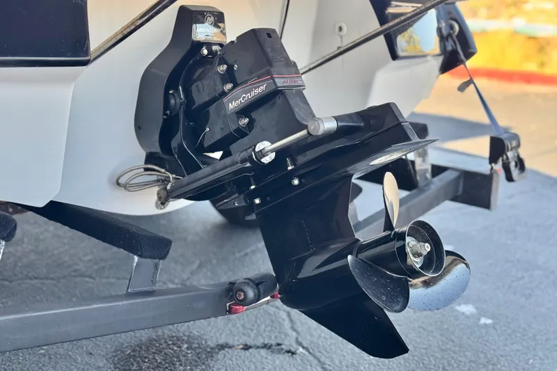 Slide: The Image of Close-up of a 2019 Monterey 224FS boat's MerCruiser Alpha One outdrive and propeller. - 9