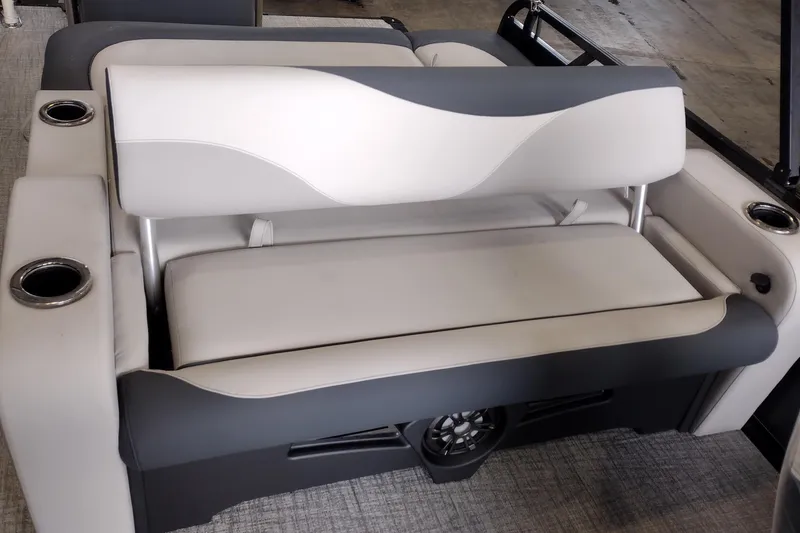 Slide: The Image of 2026 Tahoe Pontoon 25E85 LTZ Rear Bench with cup holders and stylish upholstery. - 140