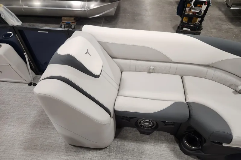 Slide: The Image of 2026 Tahoe Pontoon 25E85 LTZ Rear Bench with sleek, modern seating and cup holders. - 24