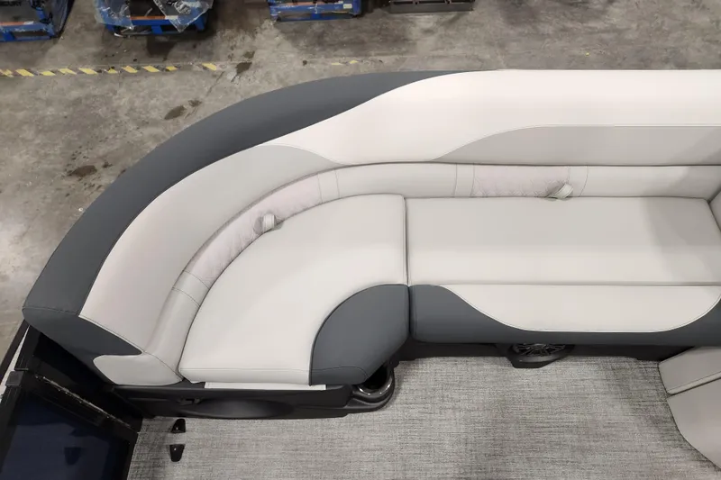 Slide: The Image of 2026 Tahoe Pontoon 25E85 LTZ Rear Bench interior with chain detail and seating. - 35