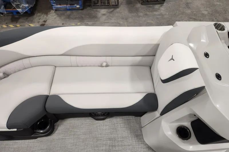 Slide: The Image of 2026 Tahoe Pontoon 25E85 LTZ Rear Bench with sleek metal railings and cup holders. - 36