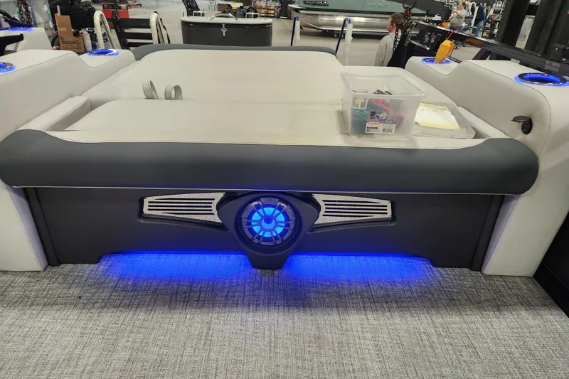 Slide: The Image of 2026 Tahoe Pontoon 23 LTZ Rear Bench with sleek white and gray upholstery. - 58