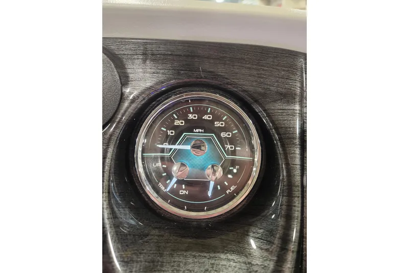 Slide: The Image of 2026 Tahoe Pontoon 23 LTZ Rear Bench interior with spacious seating and modern dashboard. - 70