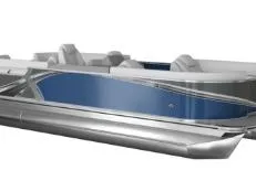 Slide: The Image of 2026 Tahoe Pontoon 25E85 LTZ Rear Bench, Platinum Edition, sleek design, side view. - 9