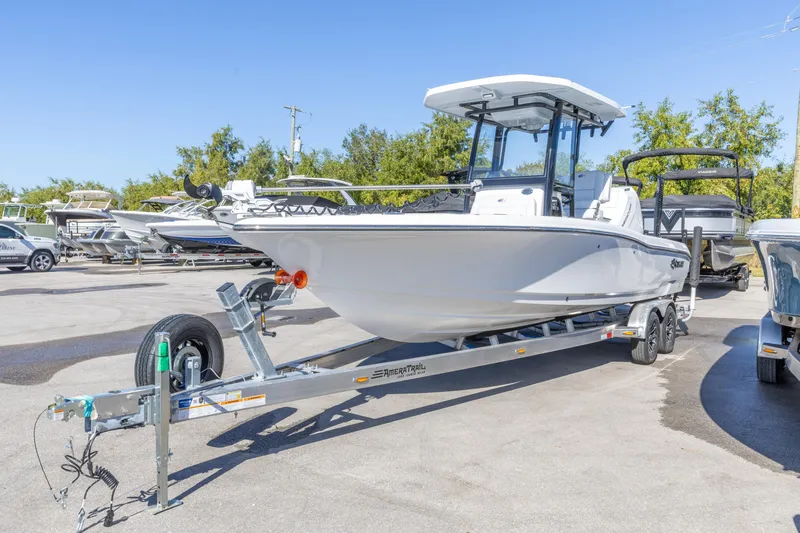 Slide: The Image of 2026 Crevalle 26 HCO boat on trailer in outdoor showroom. - 30