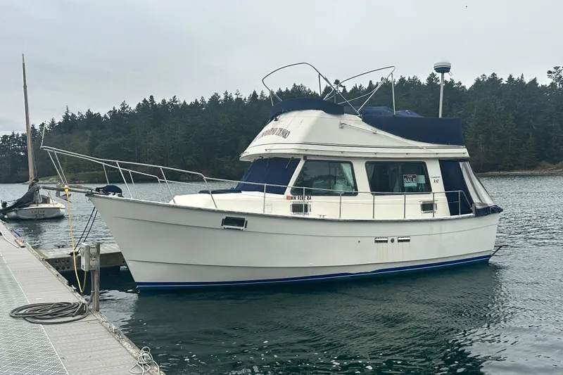 Slide: The Image of 1982 Campion 310 boat docked, for sale, with forested background. - 1