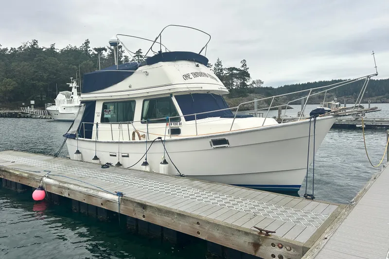 Slide: The Image of 1982 Campion 310 boat docked at marina, overcast sky, trees in background. - 2