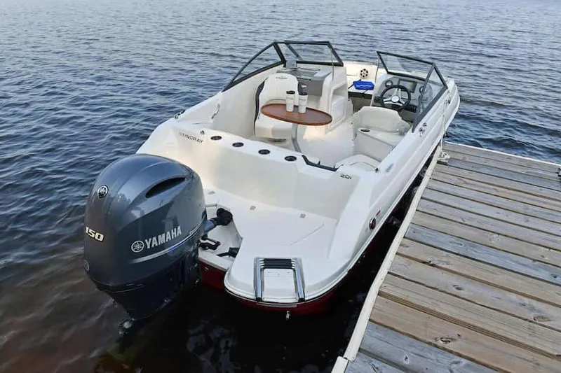 Slide: The Image of 2021 Stingray 201 DC boat on trailer under blue sky. - 3