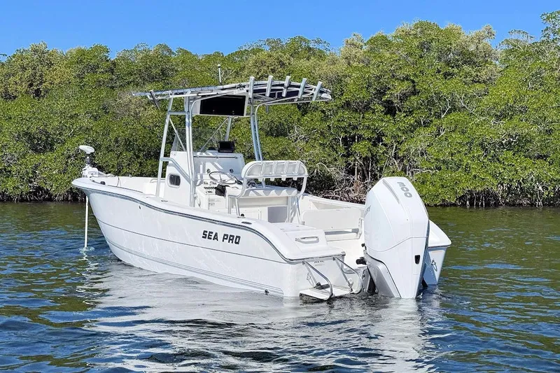Slide: The Image of 2006 Sea Pro 238 Center Console boat on water, surrounded by lush greenery. - 3
