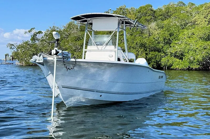 Slide: The Image of 2006 Sea Pro 238 Center Console boat on calm water near lush greenery. - 4