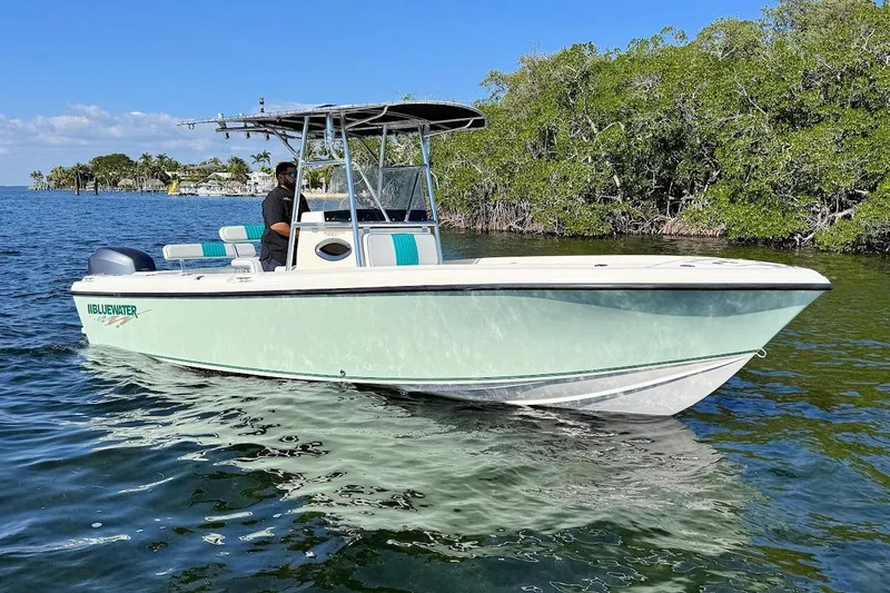 Slide: The Image of 2001 Bluewater 2350 boat cruising on a sunny day near lush greenery. - 1