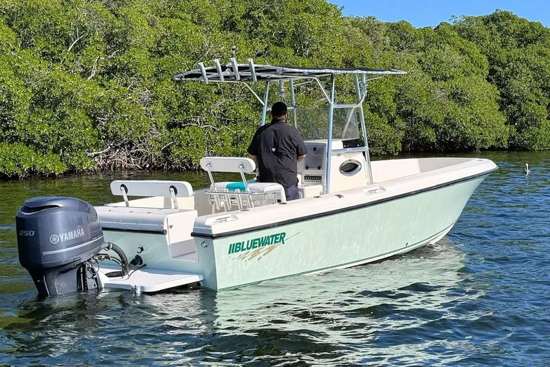 Slide: The Image of 2001 Bluewater 2350 boat on calm water with lush greenery in the background. - 2