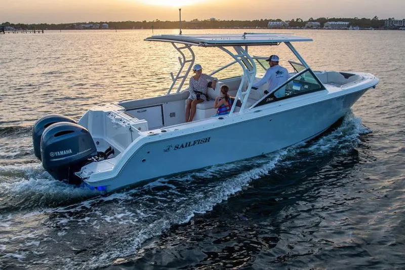 Slide: The Image of Manufacturer Provided Image: 2021 Sailfish 276 DC boat cruising on water at sunset. - 22