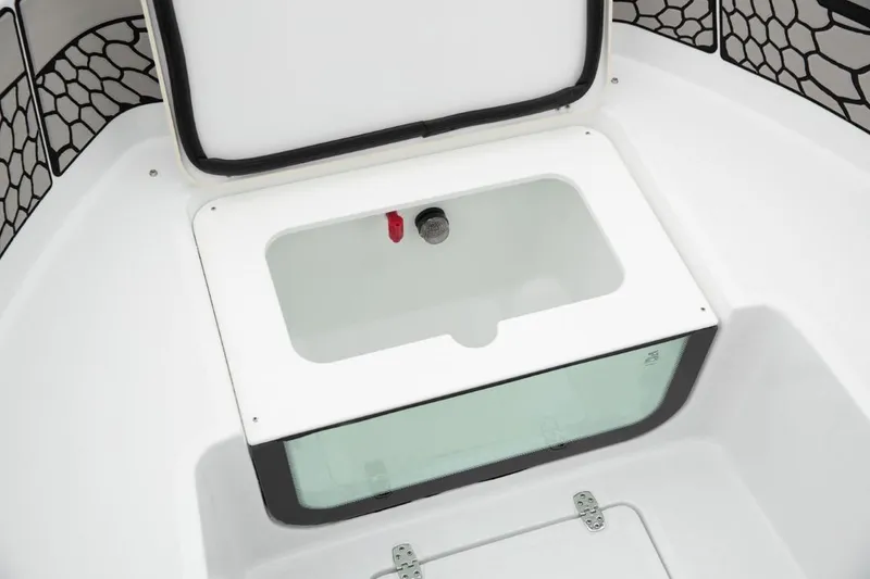 Slide: The Image of 2025 Wellcraft 202 Fisherman livewell, open lid, white interior, modern design. - 10