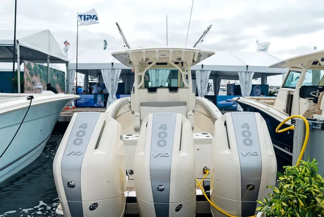 Slide: The Image of Luxurious interior of 2026 Scout 357 LXF boat with modern amenities and sleek design. - 21