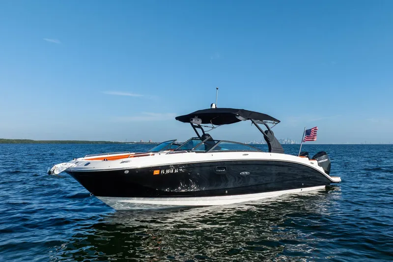 Slide: The Image of 2019 Sea Ray SDX 290 Outboard boat on open water, clear sky, American flag. - 9