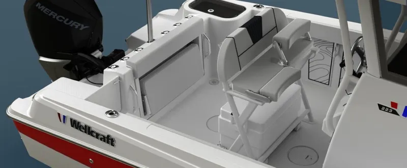 Slide: The Image of 2025 Wellcraft 223 Fisherman boat interior with Mercury engine, featuring seating and storage. - 2