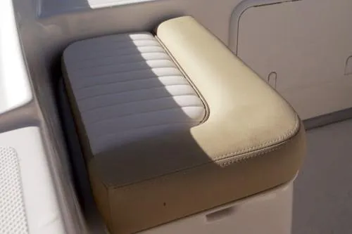 Slide: The Image of Manufacturer Provided Image: 2025 Sundance B20CCR boat interior with Yamaha 90 engine, featuring beige and white seating. - 10