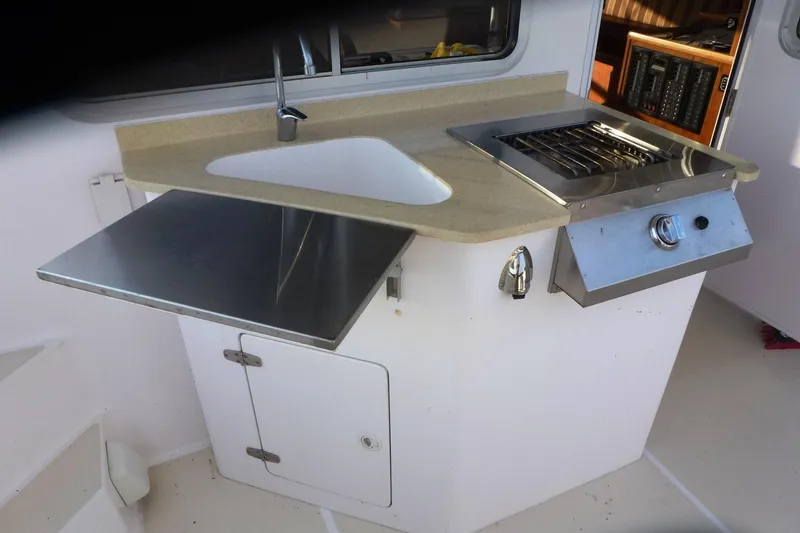 Slide: The Image of Outdoor kitchen setup on a 2009 Maine Cat P-47, featuring a sink and grill. - 6