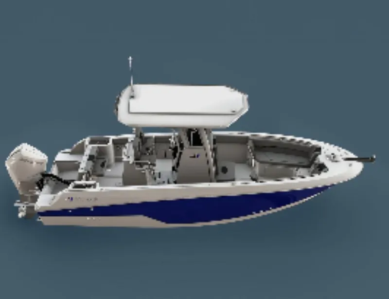 Slide: The Image of 2025 Wellcraft 243 Fisherman boat with blue hull and white canopy. - 2
