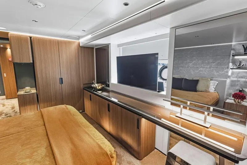 Slide: The Image of Luxurious yacht interior with modern wood paneling and elegant decor, Custom Line 120, 2018. - 101