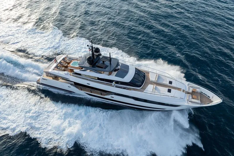 Slide: The Image of Luxurious 2018 Custom Line 120 yacht cruising on open sea, aerial view. - 22