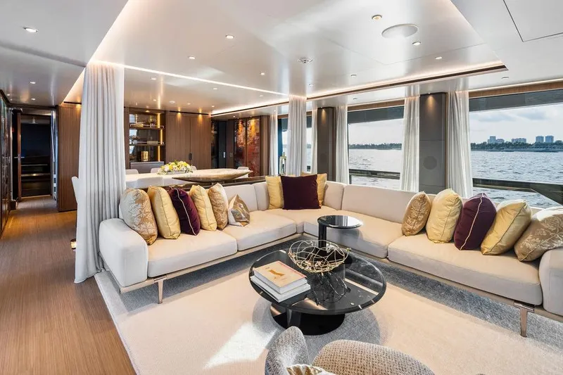 Slide: The Image of Luxurious yacht interior with elegant seating, modern decor, and panoramic ocean views, Custom Line 120, 2018. - 47