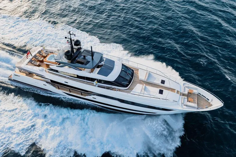 Slide: The Image of Luxurious 2018 Custom Line 120 yacht cruising on open sea, aerial view. - 6