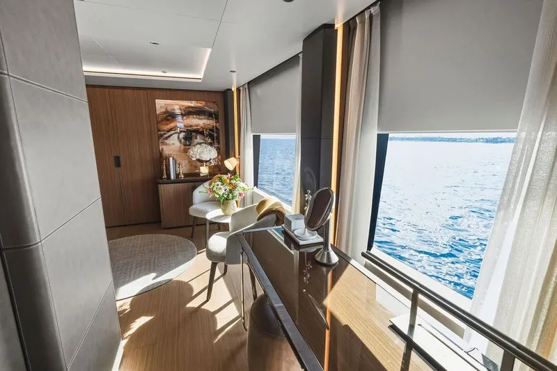 Slide: The Image of Luxurious interior of 2018 Custom Line 120 yacht with ocean view and elegant decor. - 74