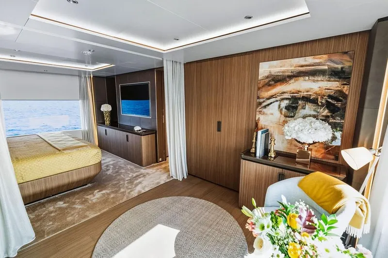 Slide: The Image of Luxurious 2018 Custom Line 120 yacht interior with elegant bedroom and modern decor. - 78