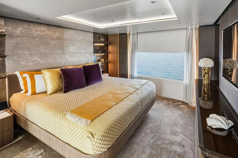 Slide: The Image of Luxurious bedroom interior on 2018 Custom Line 120 yacht with ocean view. - 80